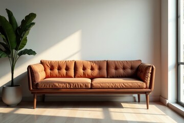A modern burnt orange couch with wooden legs sits in a sunlit room near a large window and a potted plant