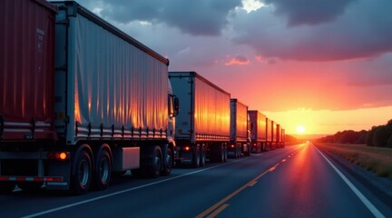 Obraz premium Sunset Highway Convoy A Line of Semi-Trucks Traveling on a Rural Road at Dusk