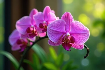Delicate Pink Orchids Blooming in Soft Sunlight, Displaying Intricate Petals and Vibrant Hues