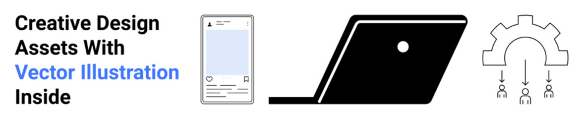 Mobile interface, laptop, and teamwork gear icon highlight digital collaboration, technology, and design. Ideal for teamwork, creativity, workflow development tech solutions efficiency. Abstract