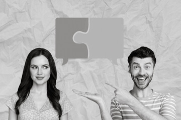 Portrait of two positive cheerful people look indicate finger empty space dialogue bubble...