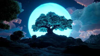 A cosmic dreamscape where floating islands orbit a giant luminescent tree, glowing with ancient energy