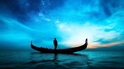 Fototapeta premium A celestial ocean where floating gondolas sail through waves of shimmering stardust