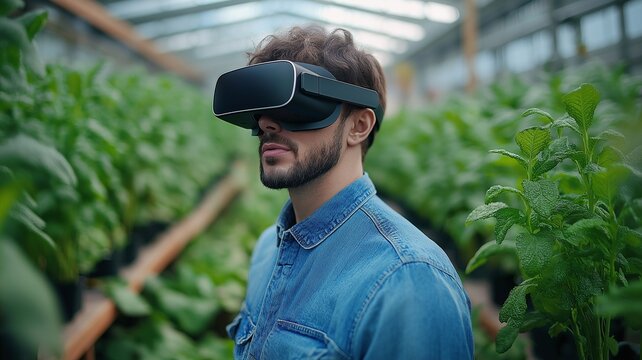A clever farmer in a greenhouse using virtual reality (VR) technology or glasses. - Powered by Adobe