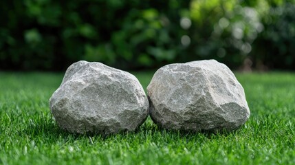 Two rocks on green grass, garden background, nature serenity