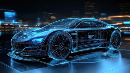 Fototapeta premium An innovative car concept rendered in wireframe against a blurred backdrop.