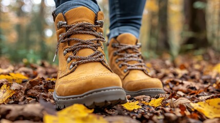 Stylish hiking boots on a forest trail in autumn