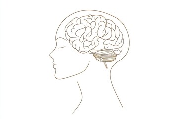 A simple vector line drawing of the profile outline with a brain inside, on a white background, using brown lines, in a minimalist, flat illustration style. The design is simple and minimalist, 