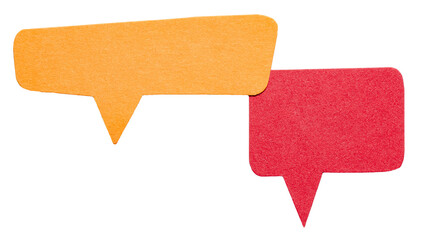Orange red blank cut out cardboard paper speech bubbles with rough edges and copy space for text on...
