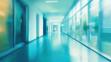 Long hallway featuring blue and yellow walls with a perspective view extending into the distance