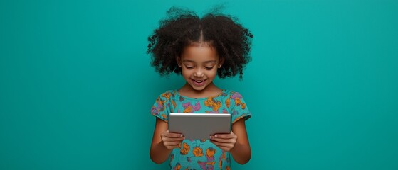Kids with curly hairstyles laughing while clutching a tablet on a green backdrop