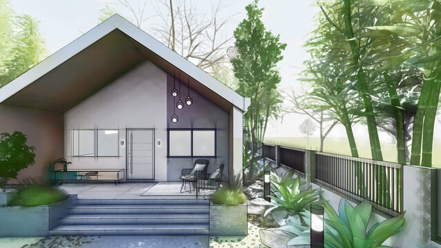 3D exterior rendering of a Single story modern house Sketchup Model