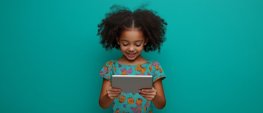 Kids with curly hairstyles laughing while clutching a tablet on a green backdrop