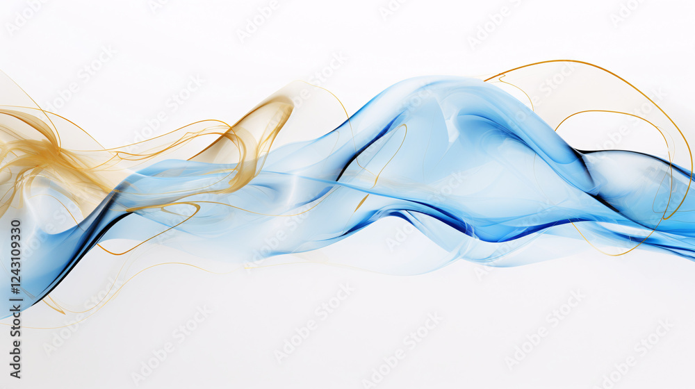Poster a white background featuring blue and gold swirls in the water, creating an abstract technology-insp