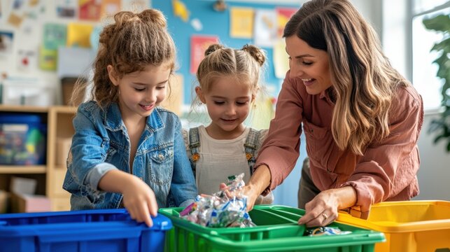 A woman is helping two young girls sort through trash in a classroom