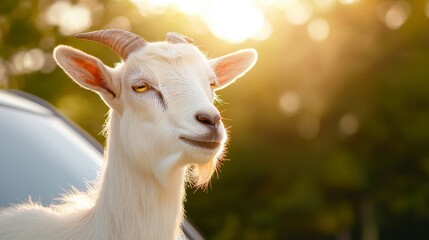 Obraz premium A close-up of a goat standing on a clean, modern farm with bright sunlight filtering through