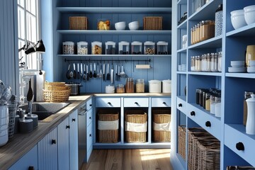 Timeless elegance of blue and white shades in pantry design.