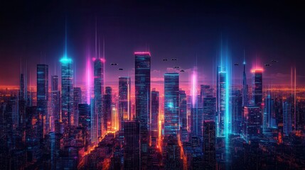 Fototapeta premium Futuristic city skyline with modern architecture and vibrant colors at sunset