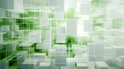 A complex white geometry made of cube segments with green accents, ideal for wallpaper and presentation backgrounds, offering a modern, structured design.

