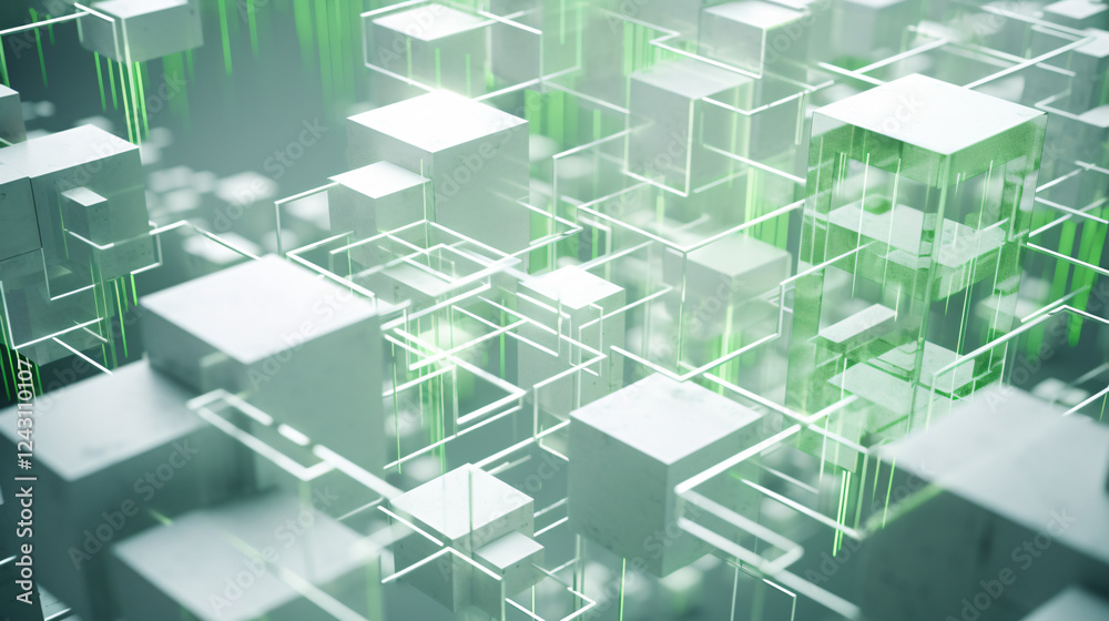 Poster a complex white geometry made of cube segments with green accents, ideal for wallpaper and presentat