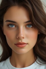 Obraz premium a close up of a woman with long hair and blue eyes