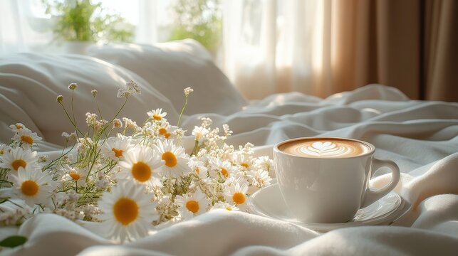 Cozy morning scene with a latte art coffee cup surrounded by daisies on a soft bed (1)