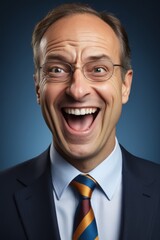 smiling man in suit and tie with glasses and a blue background