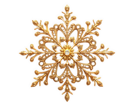 Golden snowflake with intricate filigree details, showcasing elegance and craftsmanship. Perfect for winter decor or holiday themes
