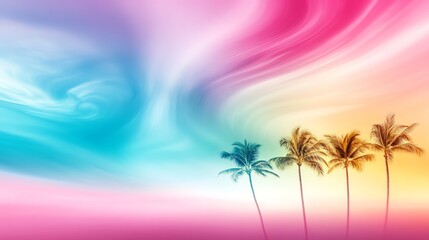 Fototapeta premium A floating oasis where golden palm trees sway gently under a swirling sky of shifting pastel hues
