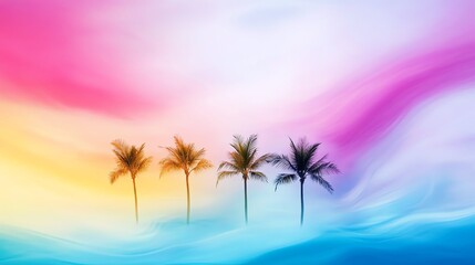 Obraz premium A floating oasis where golden palm trees sway gently under a swirling sky of shifting pastel hues