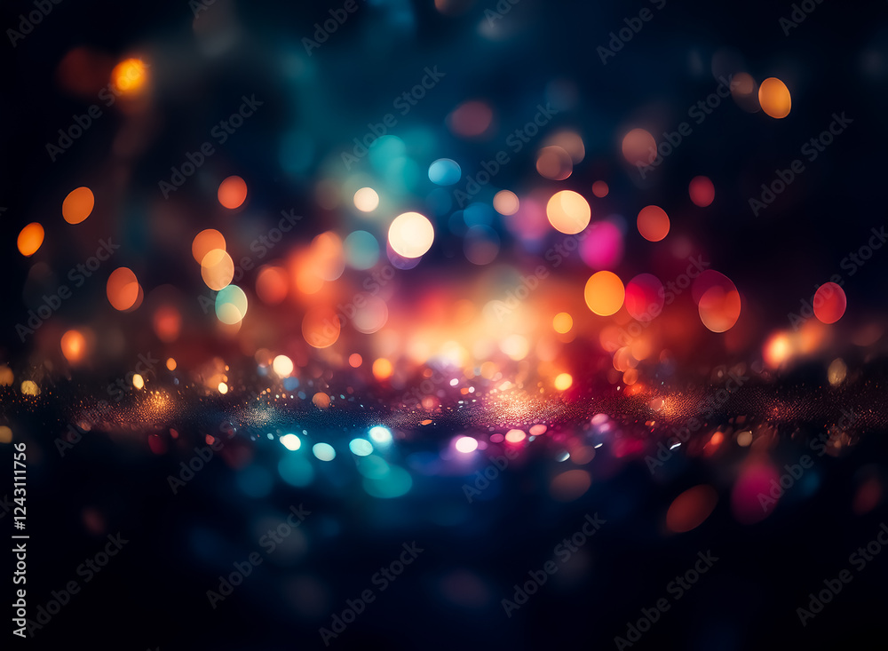 Wall mural abstract image displays a mesmerizing bokeh effect with vibrant, blurry lights against a dark backdr