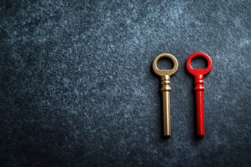 A close-up of two colorful keys, highlighting their unique designs against a dark background, ideal for creative projects.