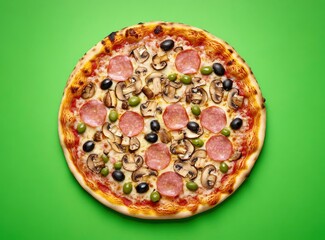 Photo of a pizza with ham, mushrooms, and olives on a green background, top view. Isolated stock photo, c