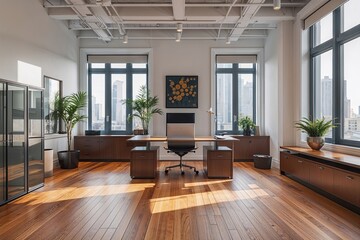 Stylish and Practical Modern Office Design with Expansive Windows and Cozy Hardwood Floors