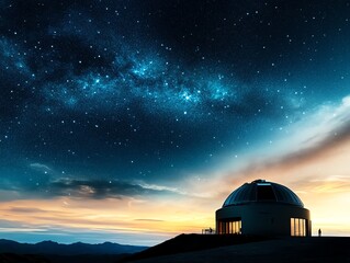 Obraz premium A floating observatory above an infinite sea of stars, with astronomers gazing into the unknown