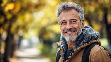 Active senior man in outdoor wear. Ideal for mature adventure, active aging, and outdoor lifestyle content.