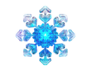 glowing neon snowflake with radiant blue center, showcasing futuristic design. This digital artwork captures essence of winter and light in mesmerizing way