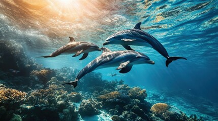Fototapeta premium Dolphins Swim Gracefully Among Coral in a Bright Ocean Scene