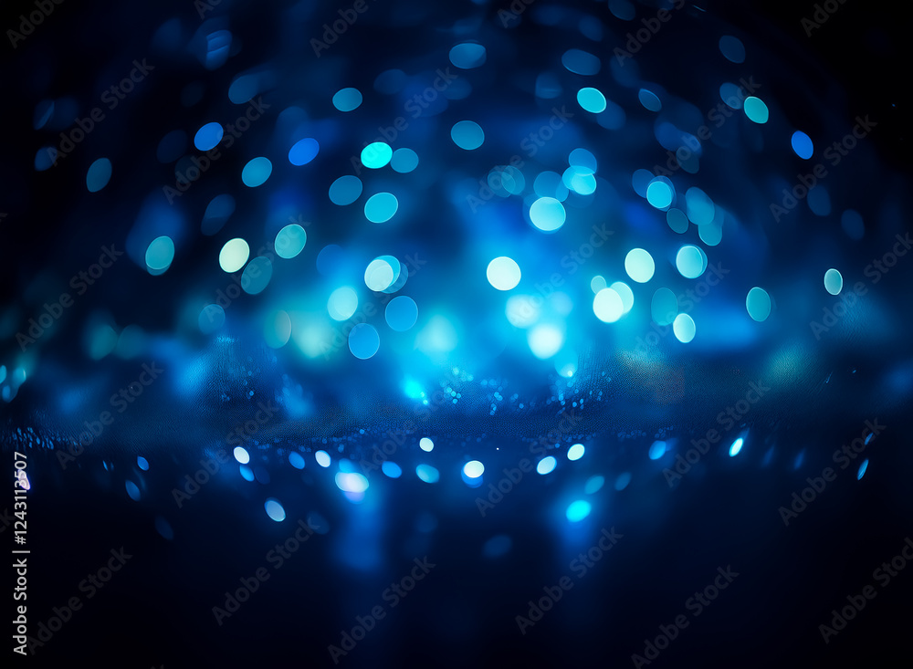 Poster blurry blue lights create a dreamy and soft bokeh effect on a dark backdrop, suggesting a magical an