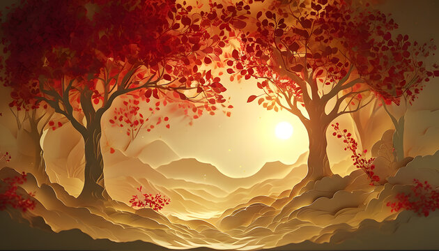 Paper cut autumn trees silhouette in the mountains