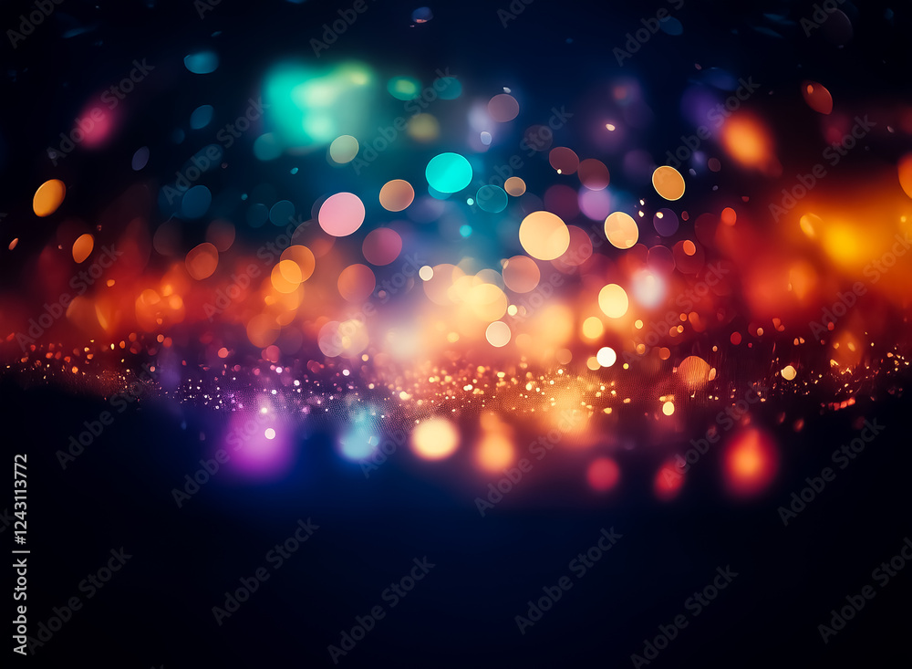 Poster abstract bokeh lights burst with vibrant colors against a dark backdrop, creating a festive and magi