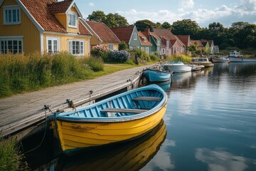 Obraz premium Yellow wooden boat moored in a calm canal reflecting red-roofed houses