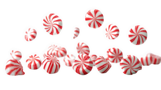 Falling striped peppermint candies create festive and joyful atmosphere, perfect for holiday celebrations and sweet treats