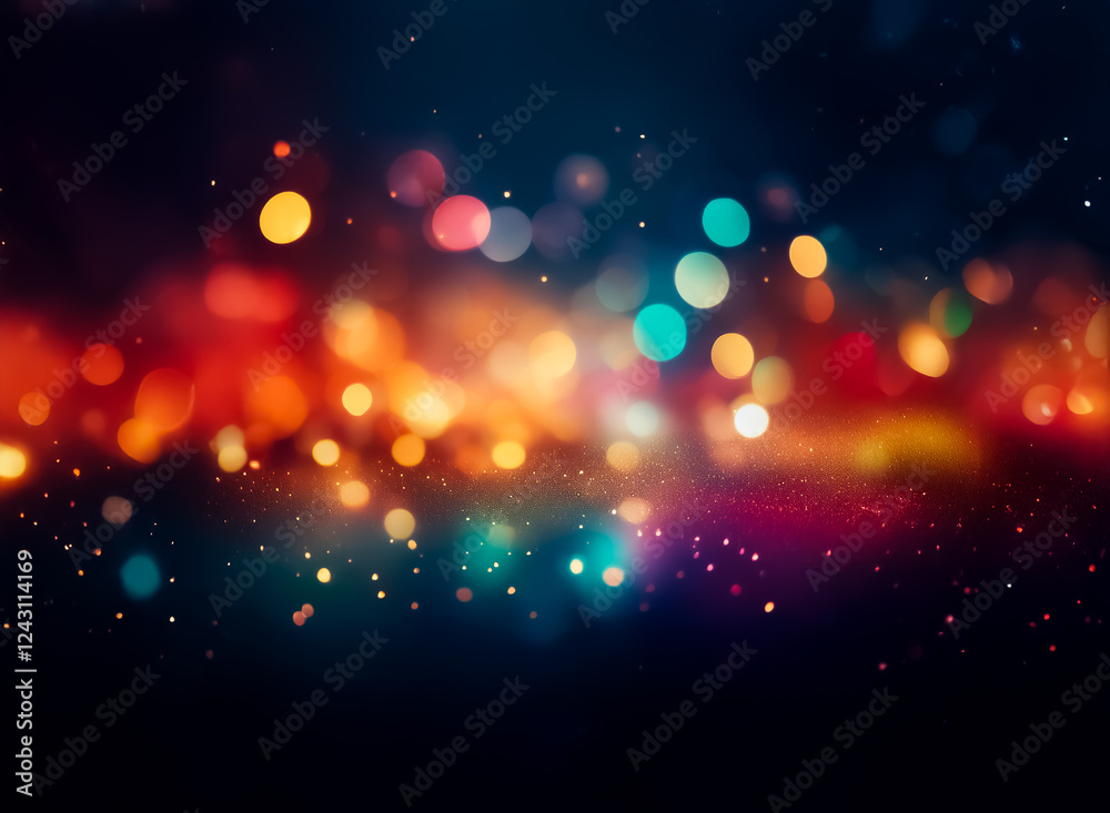 Wall mural abstract background featuring vibrant bokeh lights on a dark backdrop. festive and magical, blurred 