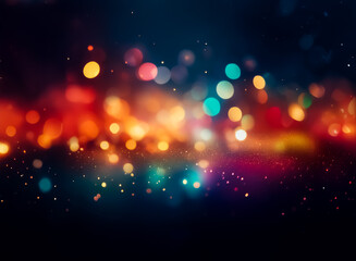 Obraz premium Abstract background featuring vibrant bokeh lights on a dark backdrop. Festive and magical, blurred lights create a dreamy atmosphere perfect for events.
