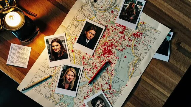 Crime Investigation Board with Photos and Map Connections
