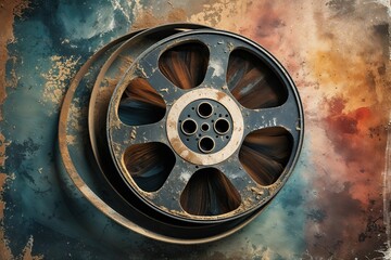 Obraz premium Vintage Film Reel with Distressed Texture Aged Color Wash and Dust Effects
