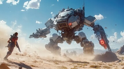 Futuristic warrior facing a colossal mecha robot in a desert landscape