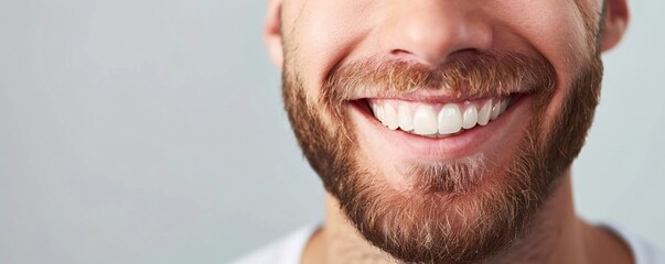 Fototapeta premium Man with a beard is showing his perfect white teeth while smiling