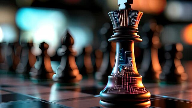 Futuristic Chess King Piece on Digital Board with Circuit Patterns